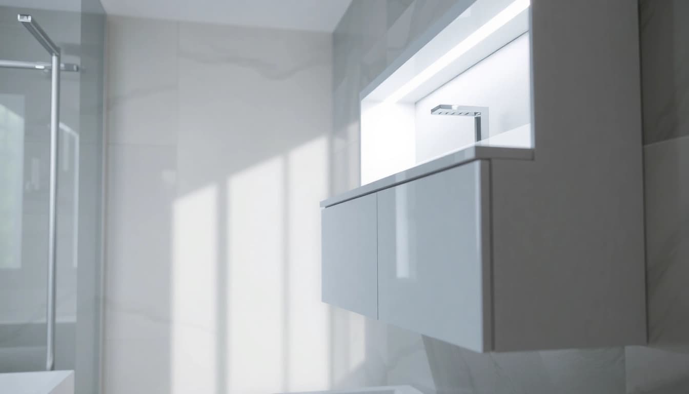 Spiegelschrank mit LED Beleuchtung in modernem Badezimmer-Design.