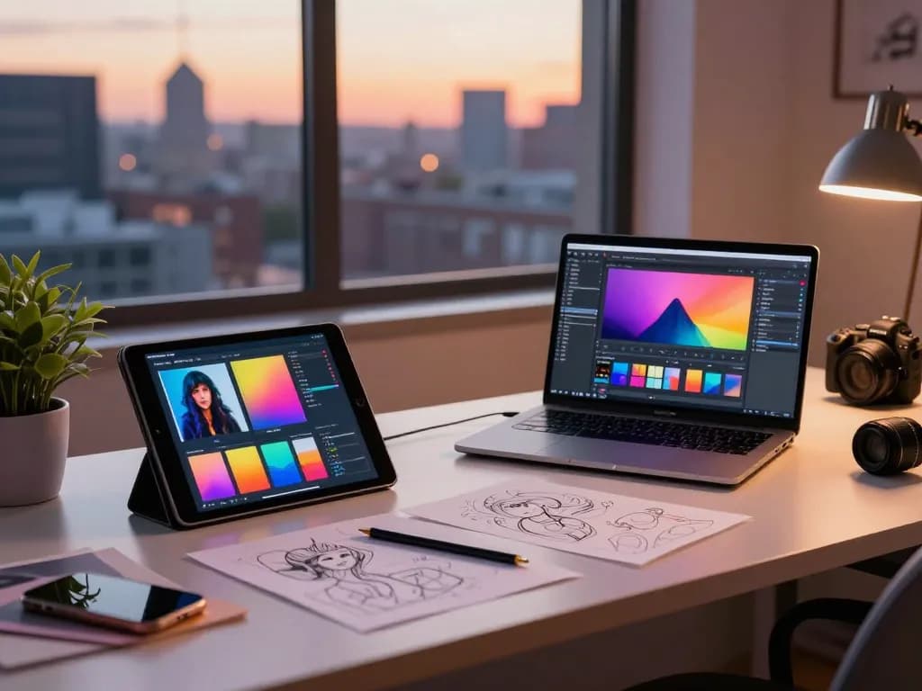Digital artist using nano banana 2 AI editor in a creative workspace.