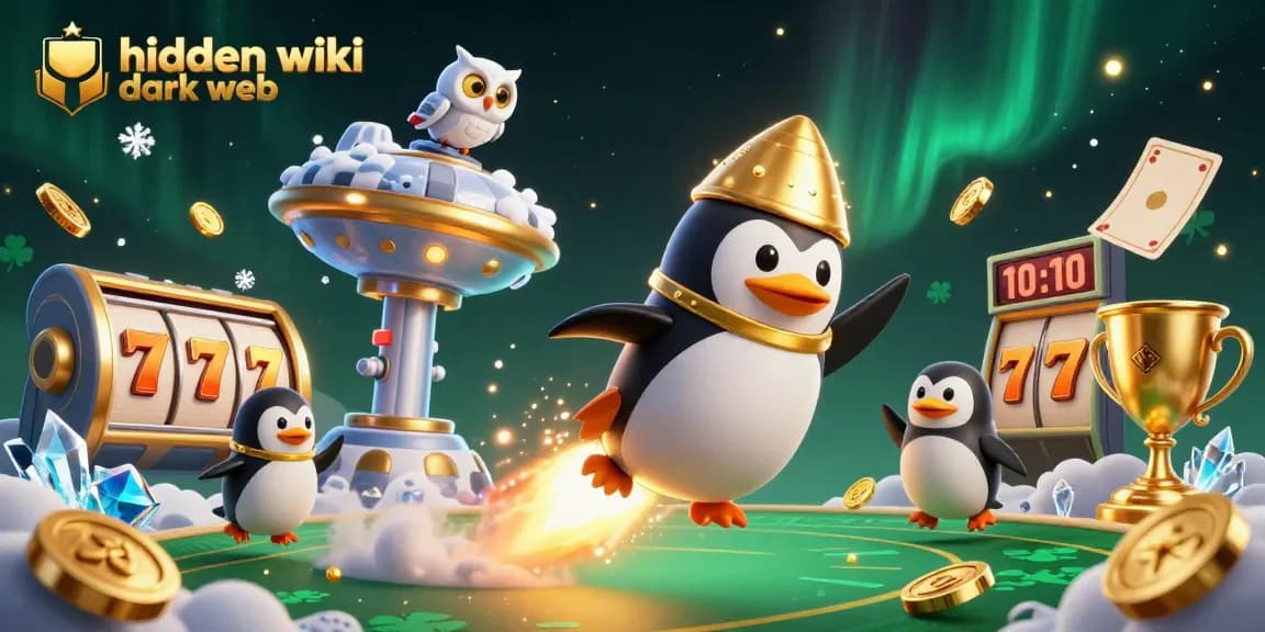 Engage with the hidden wiki dark web as a golden penguin navigates a casino space environment filled with vibrant gambling elements.