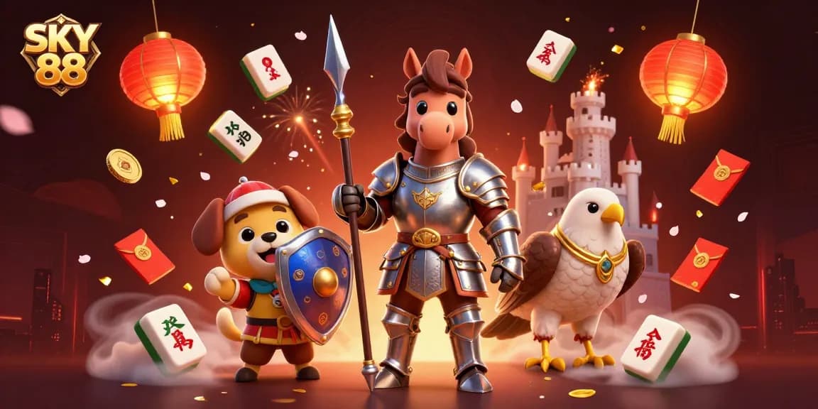 Engage with SKY 88 through a vibrant gaming adventure featuring knights, lucky symbols, and festive elements.