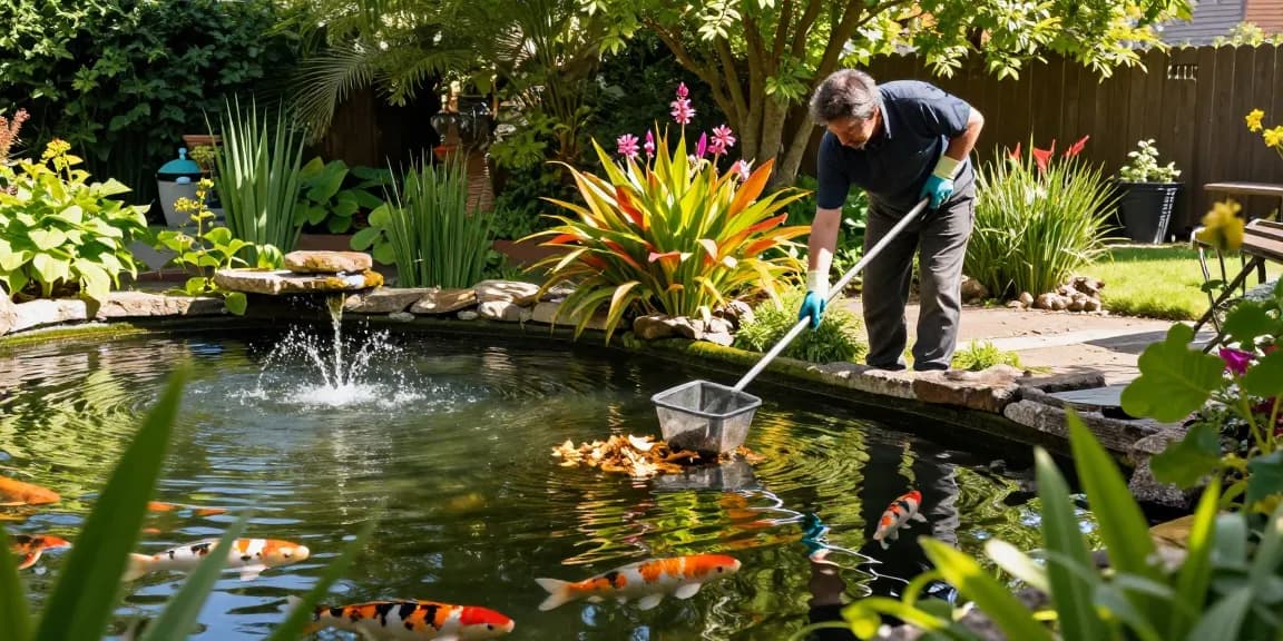 Pond Clean Sussex professional cleaning a lush backyard pond, showcasing aquatic plants and koi fish.