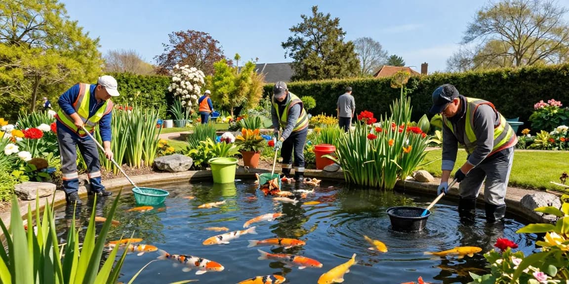 Professional Pond Cleaning Surrey team removing debris from a koi pond with lush greenery.
