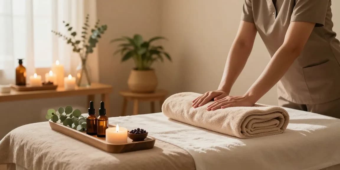 Soothing Swedish massage therapy environment with calming oils and soft linens