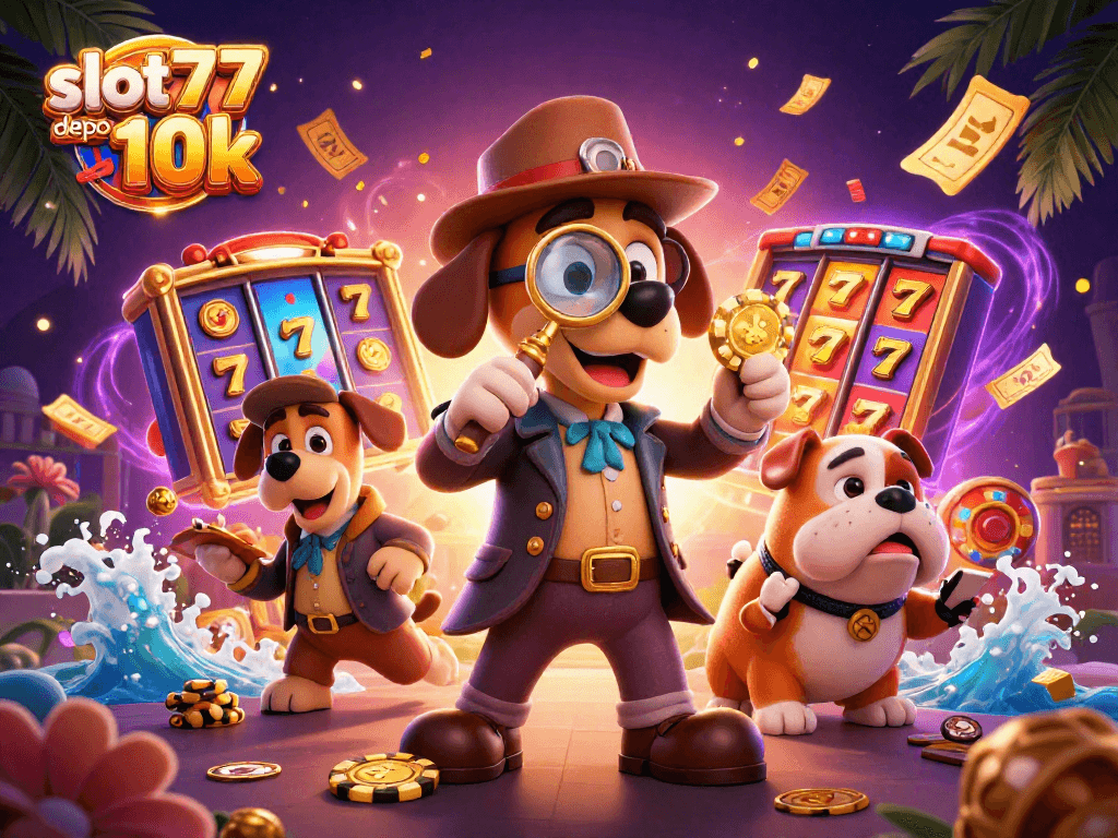 Experience excitement with slot777 depo 10k in a vibrant, dynamic casino illustration featuring colorful slot reels and golden lucky symbols.