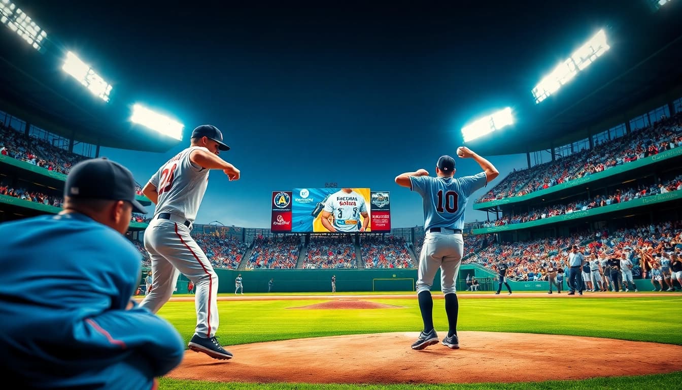 mlb중계를 위한 역동적인 야구 경기 장면, 선수들이 액션을 취하며 팬들이 응원하는 모습
