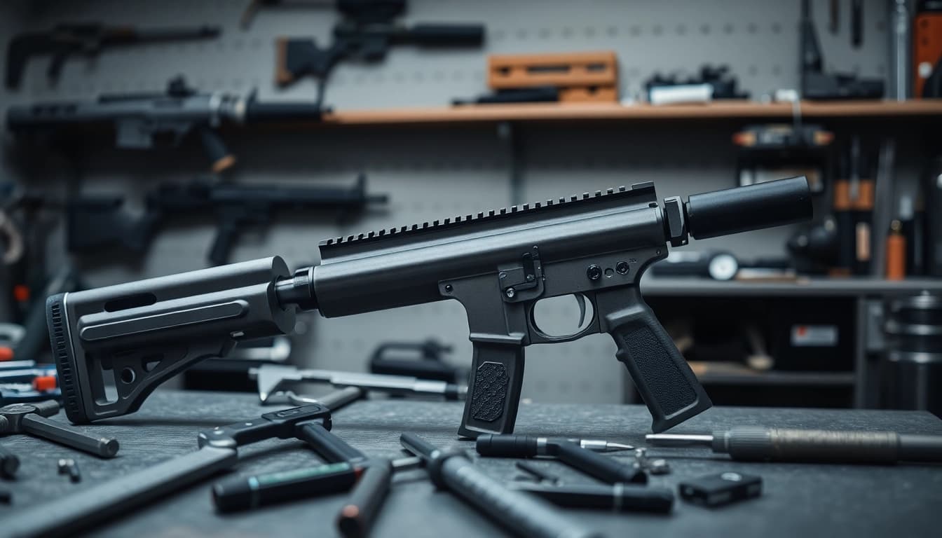 Inspecting a pf940v2 frame kit in a professional gunsmith workshop filled with tools.