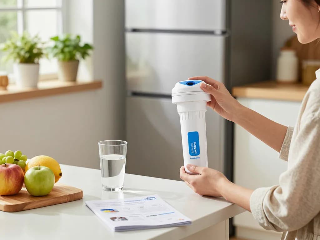 Maxblue EDR1RXD1 Replacement for Everydrop® Filter 1 being installed in a bright home kitchen with fresh fruits on a cutting board.