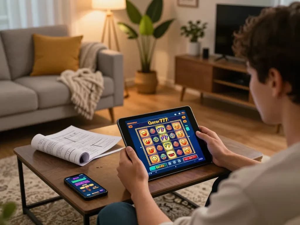 Experience engaging gameplay on slot gacor 777 in a cozy home casino setup.