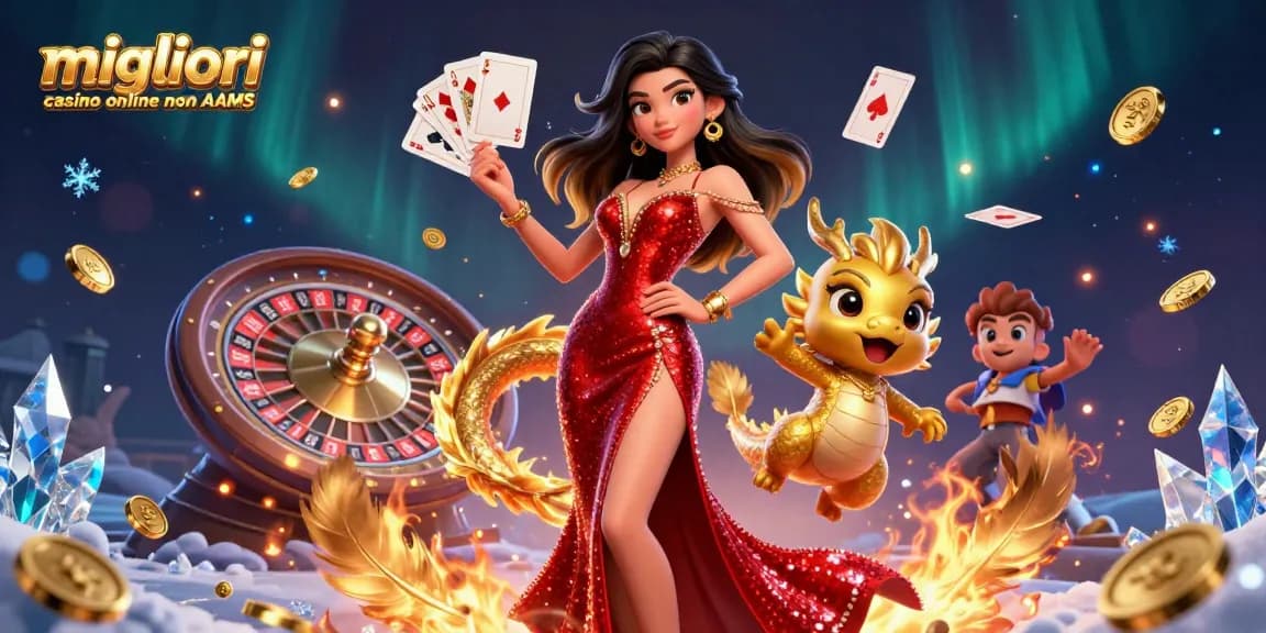 Scena coinvolgente che mostra i migliori casino online non AAMS con una donna asiatica sicura di sé e una mascotte drago dorato, con elementi dinamici del casinò.