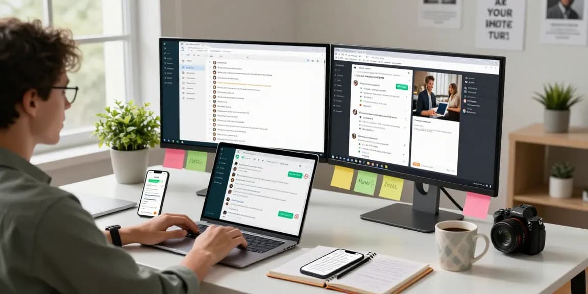 Engaging workspace for using WhatsApp電腦版 featuring laptop and dual monitors with chats on display.