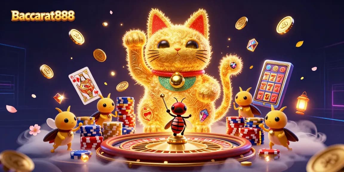 Baccarat888 showcases vibrant casino elements with a golden lucky cat, captivating bettors with excitement and winning potentials.
