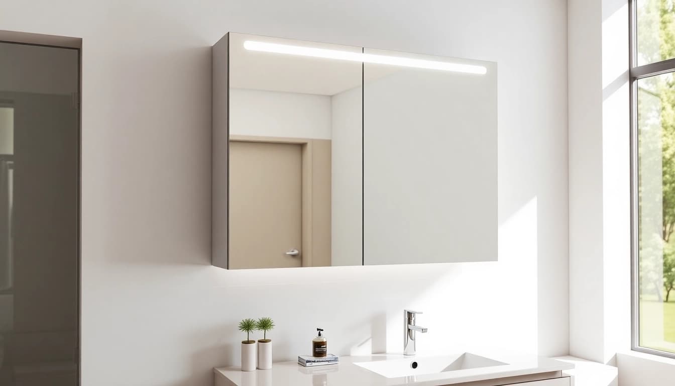 Showcase a bathroom cabinet with mirror and light highlighting its sleek design and LED features.