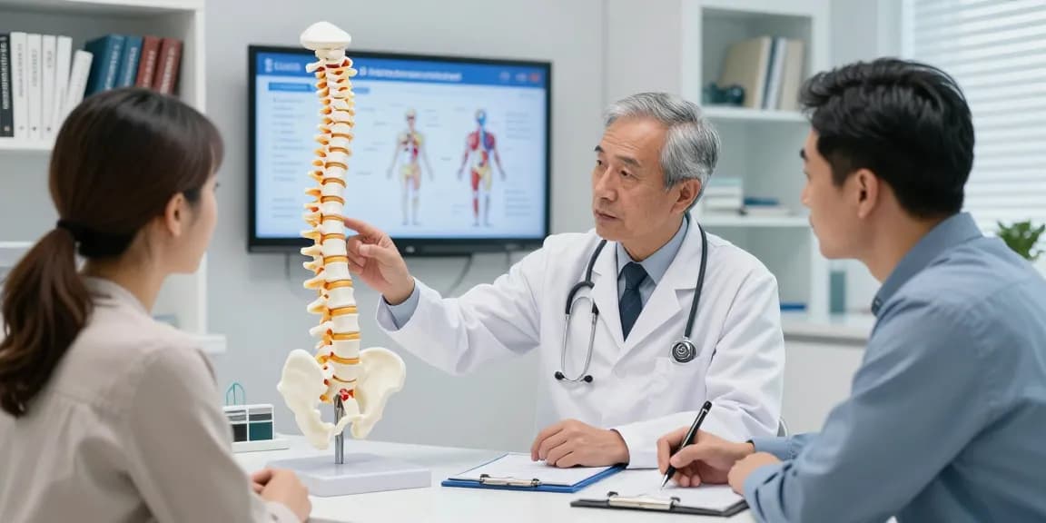 Patient discussing Bel kayması ameliyatı treatment options with surgeon in a medical consultation.