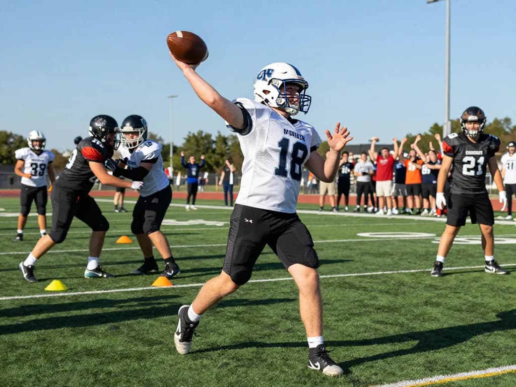 Football player using shoulder braces for football during practice on vibrant athletic field