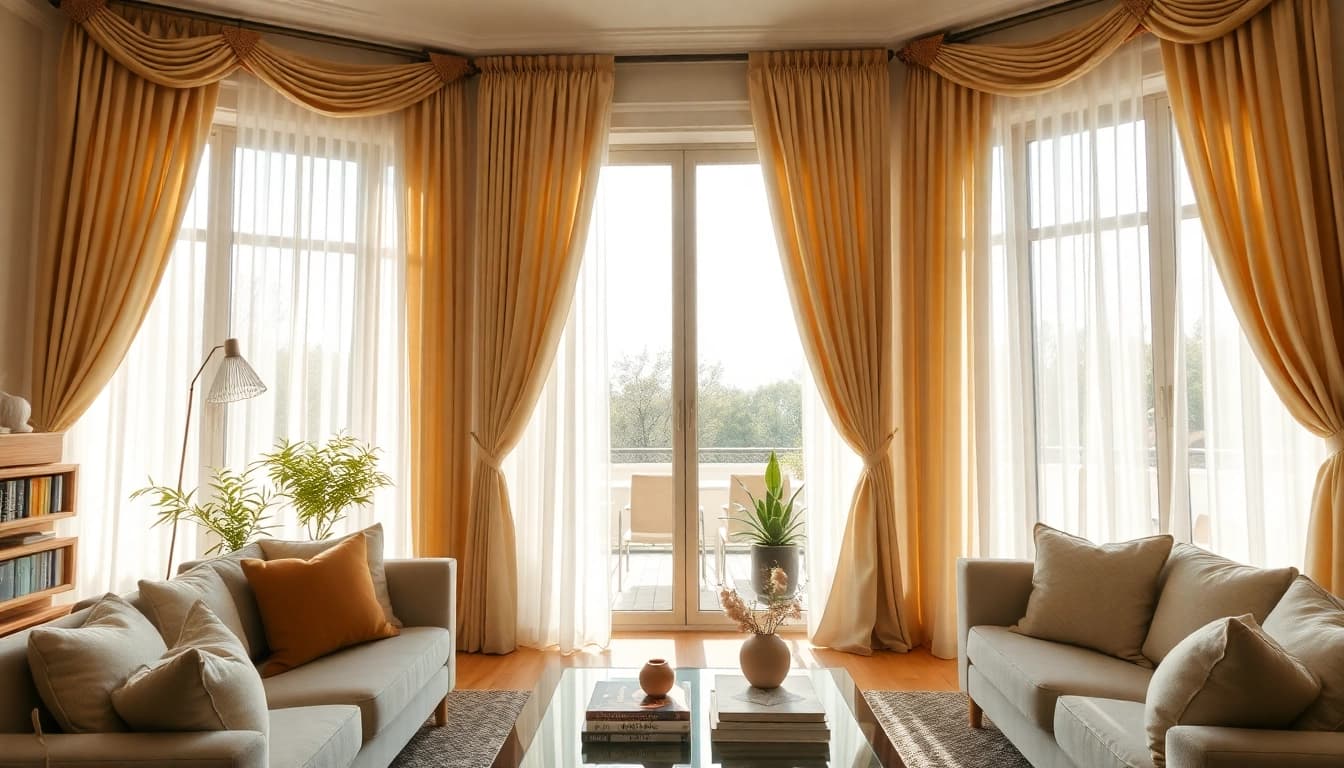 Verduisterende gordijnen in een elegante woonkamer, die een stijlvolle uitstraling geven.