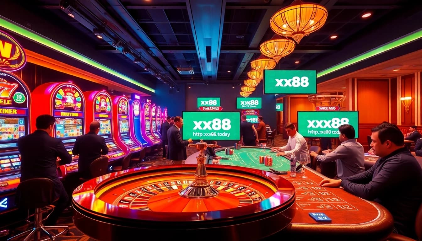 Excited players engaging with games at https://xx88.today/ in a vibrant, luxurious casino setting with slot machines and poker tables.