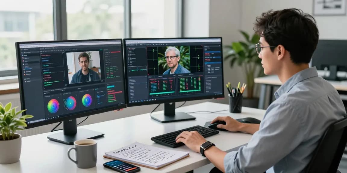 Free AI detector results displayed on multiple monitors in a modern workspace, showcasing image analysis in progress.