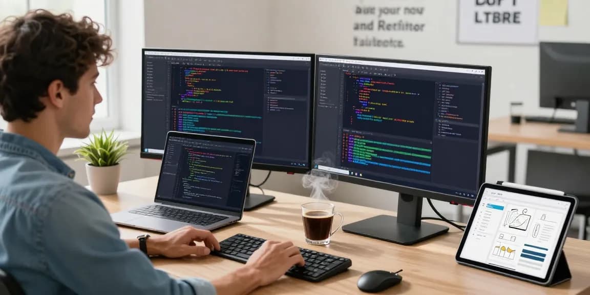 Screenshot tool download - developer using software in modern office with dual monitors and lively coding environment.
