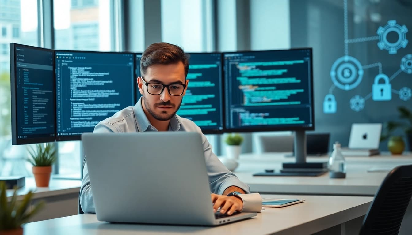 Implementing PowerShell automation for IT compliance in a modern office setting with dual monitors.