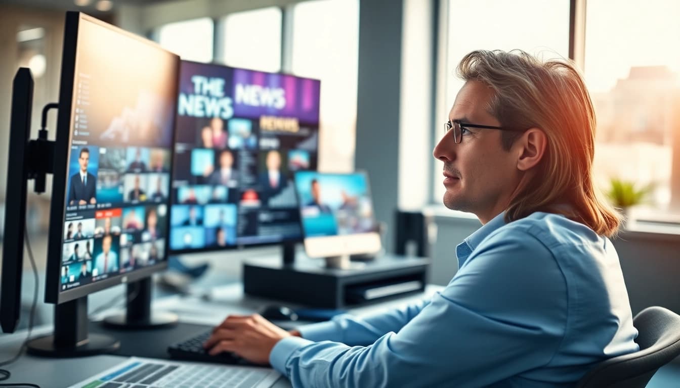 Captivating news analysis scene showcasing a journalist engaged with current events.