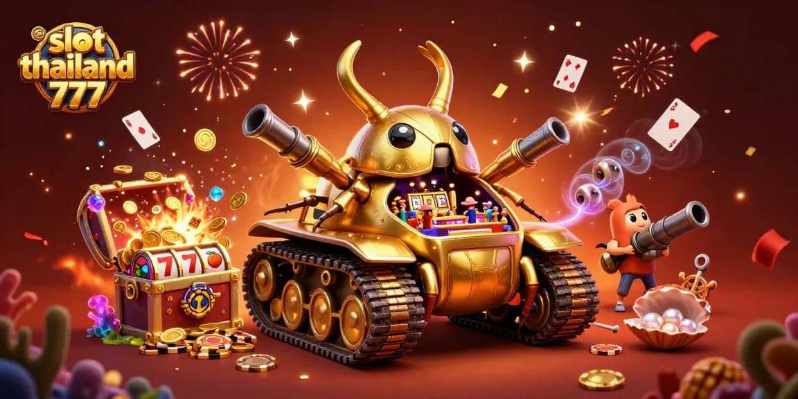 Engaging illustration of slot thailand 777 showcasing a miniature casino and vibrant game elements.