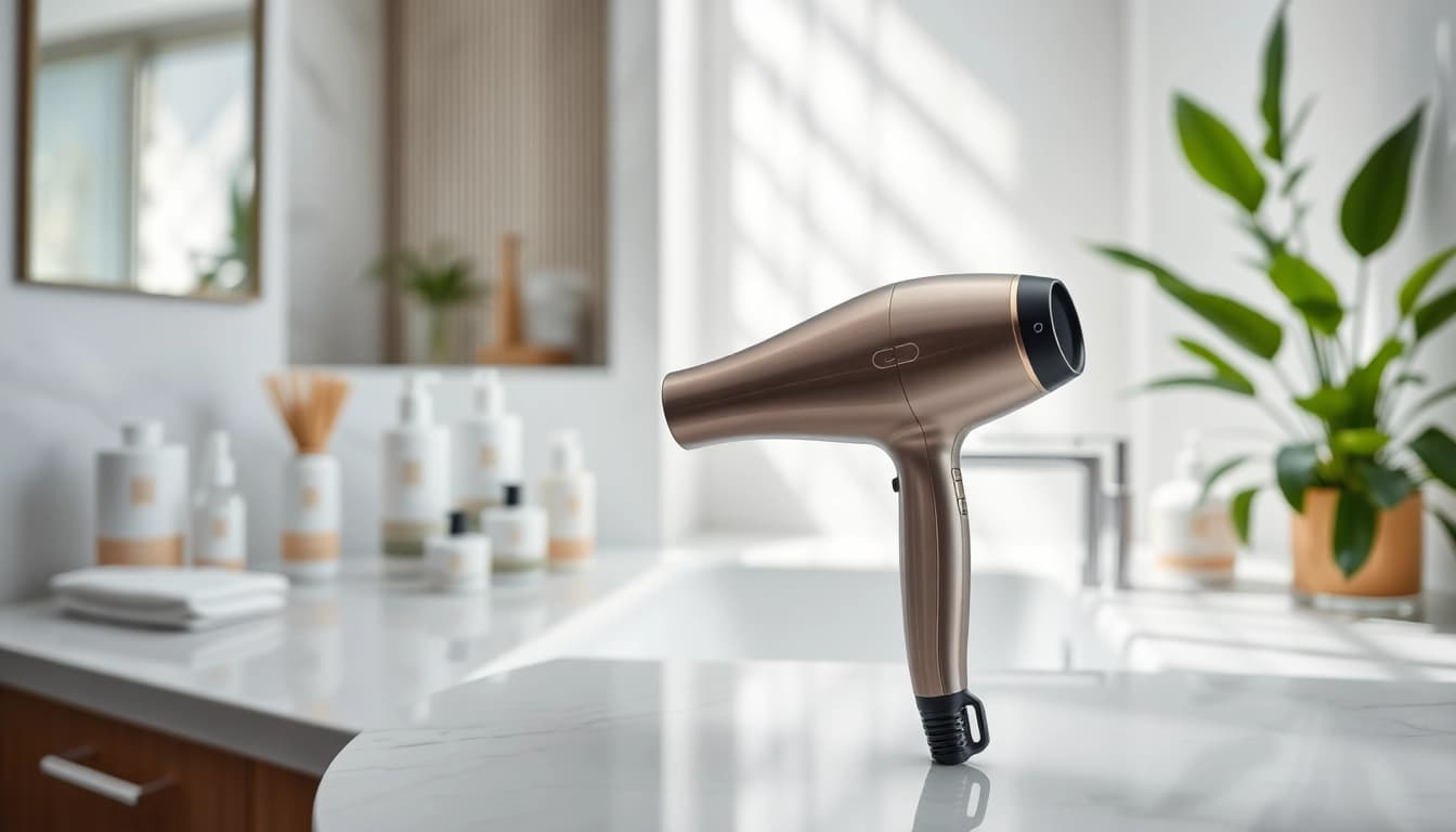 Using an ionic hair dryer for smooth, shiny hair on a stylish bathroom vanity.