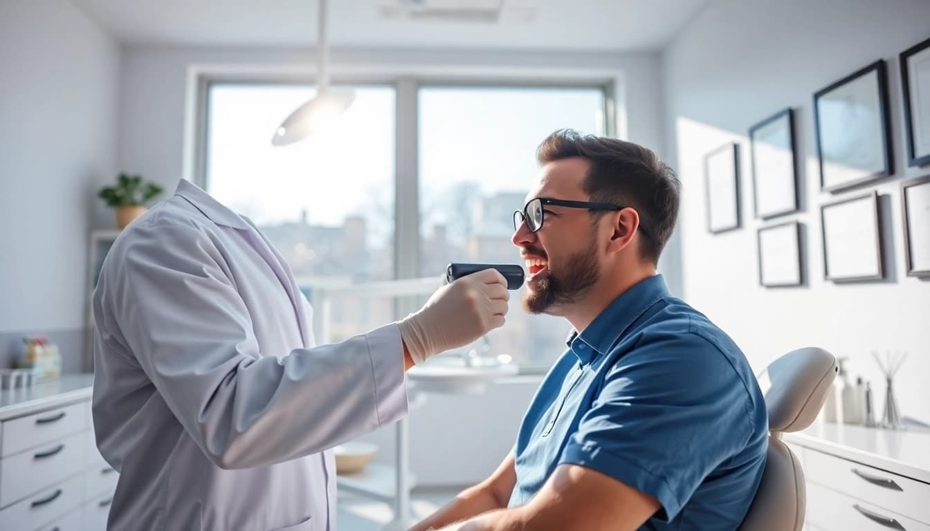 Dentist providing a thorough examination to a patient in a modern clinic environment.