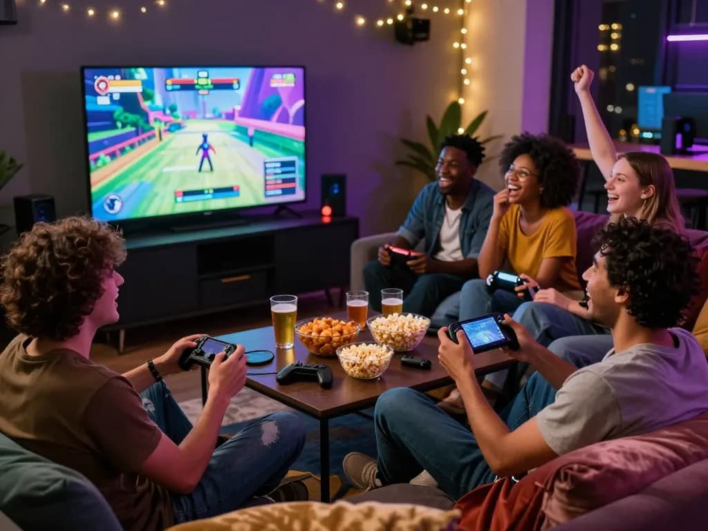Friends enjoying porno games in an intimate gaming lounge with vibrant visuals and relaxed atmosphere.