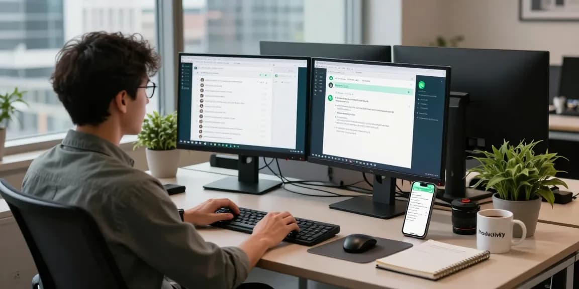 Seated professional using WhatsApp電腦版 on desktop with vibrant city view.