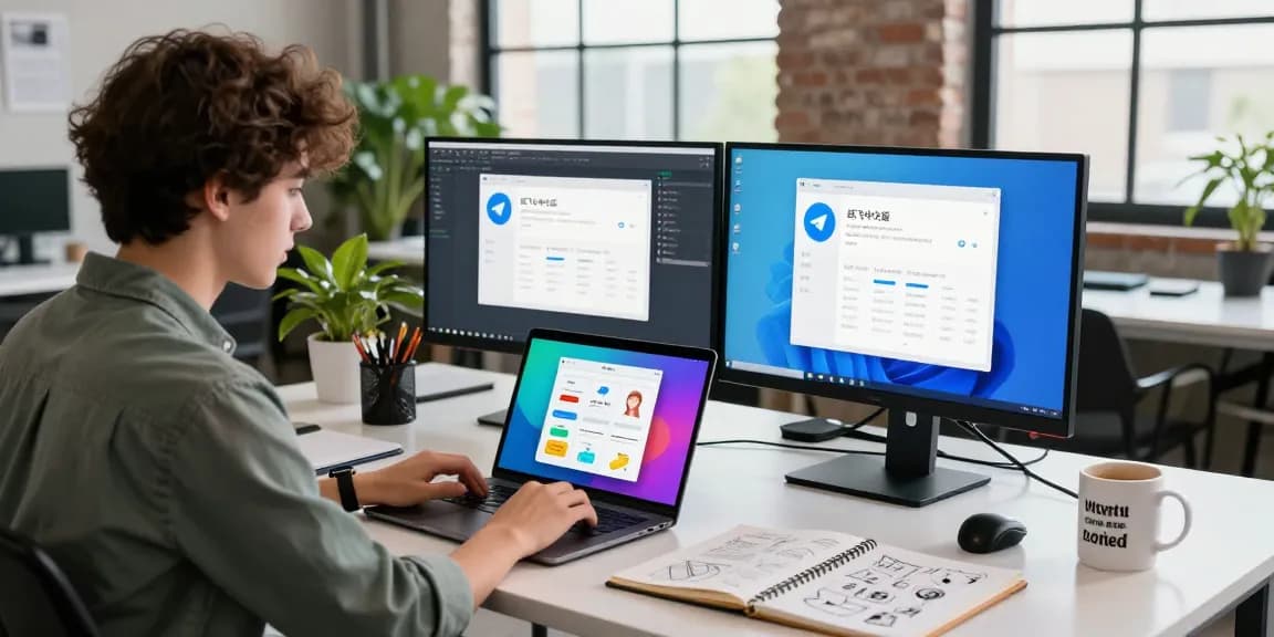 Mobile app developer coding on 纸飞机中文版 interface in a vibrant workspace