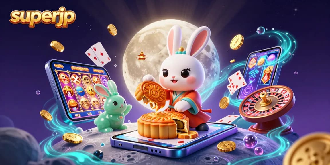 Play and win with superjp at the vibrant casino featuring a dynamic moon rabbit illustration