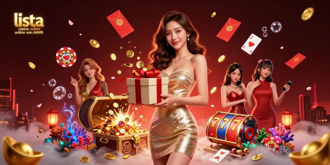 Interagisci con la lista casino online non AAMS mentre una splendida donna asiatica presenta monete d'oro da una scatola regalo festiva in mezzo a grafiche ispirate ai casinò.
