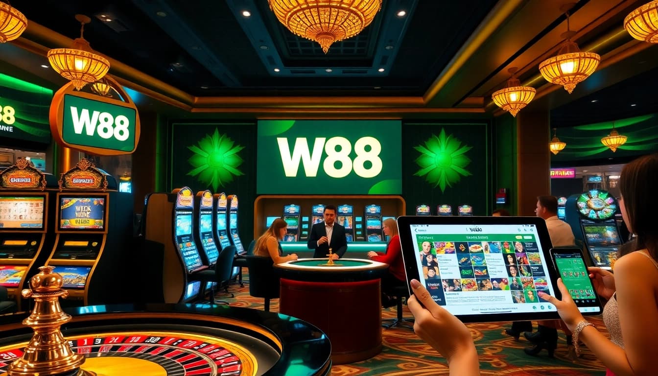 Experience the thrilling excitement of casino gaming with the W88 link showcased in a vibrant online gambling scene.