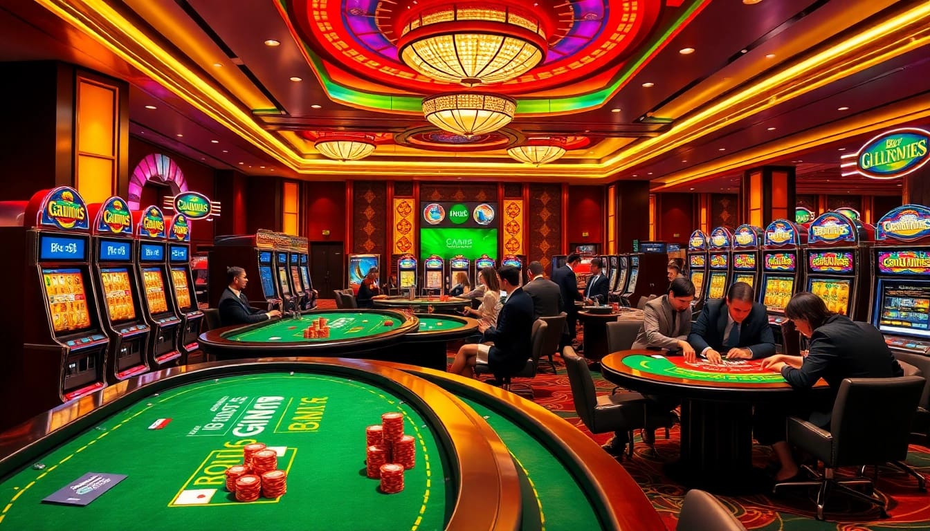 Experience seamless bk8 login access amid vibrant casino excitement with colorful tables and slot machines.
