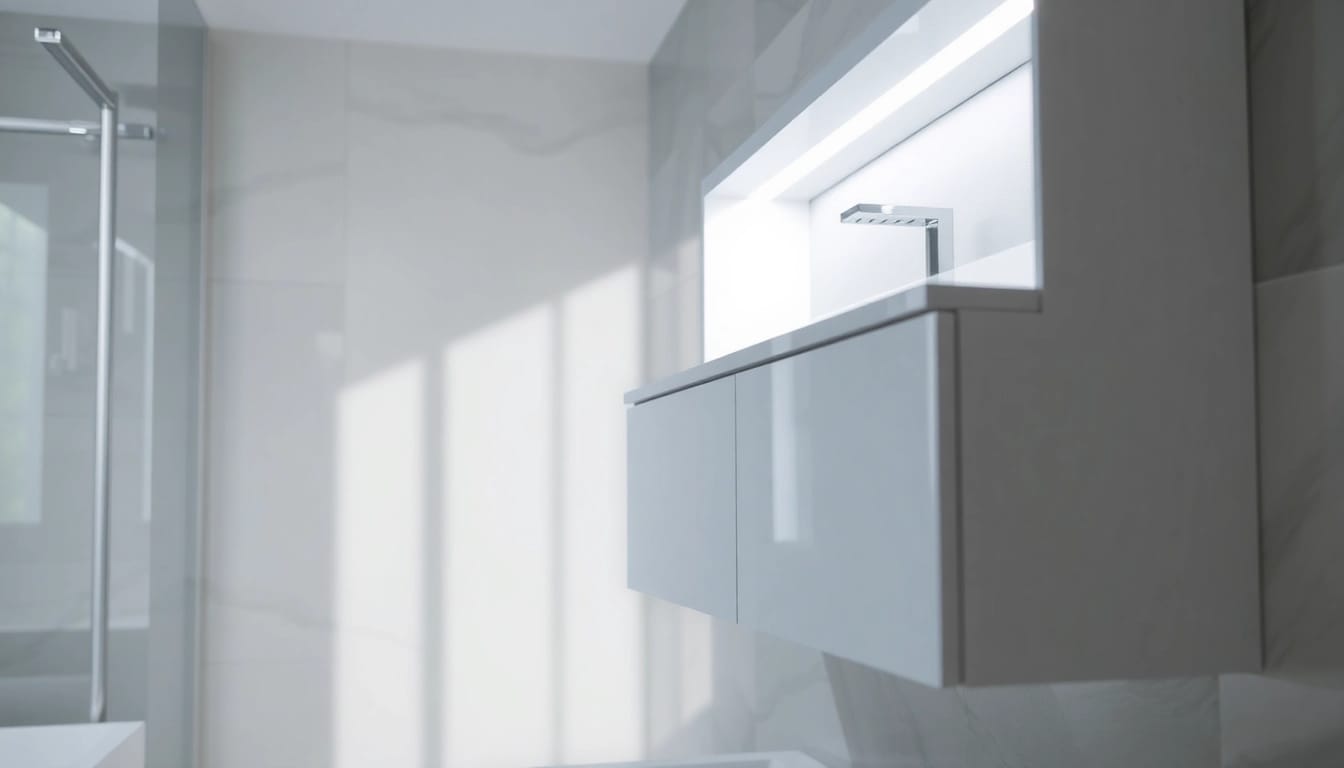 Spiegelschrank mit LED Beleuchtung in modernem Badezimmer-Design.