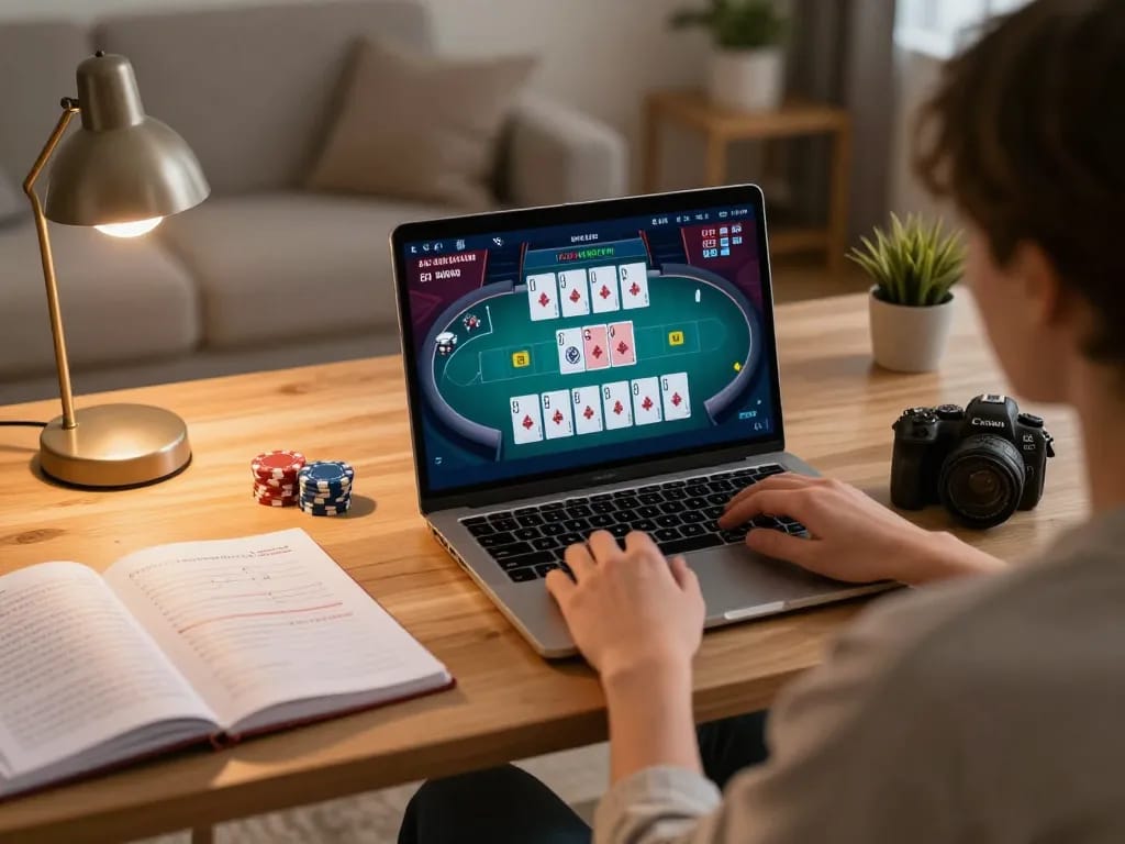 Engaging in online poker at home with 388bet on laptop showing gameplay and strategies