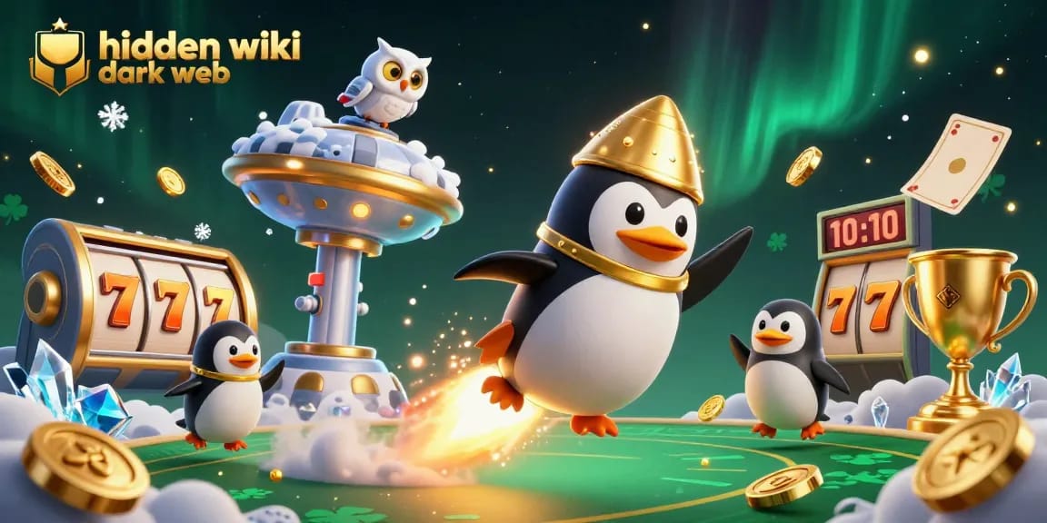 Engage with the hidden wiki dark web as a golden penguin navigates a casino space environment filled with vibrant gambling elements.