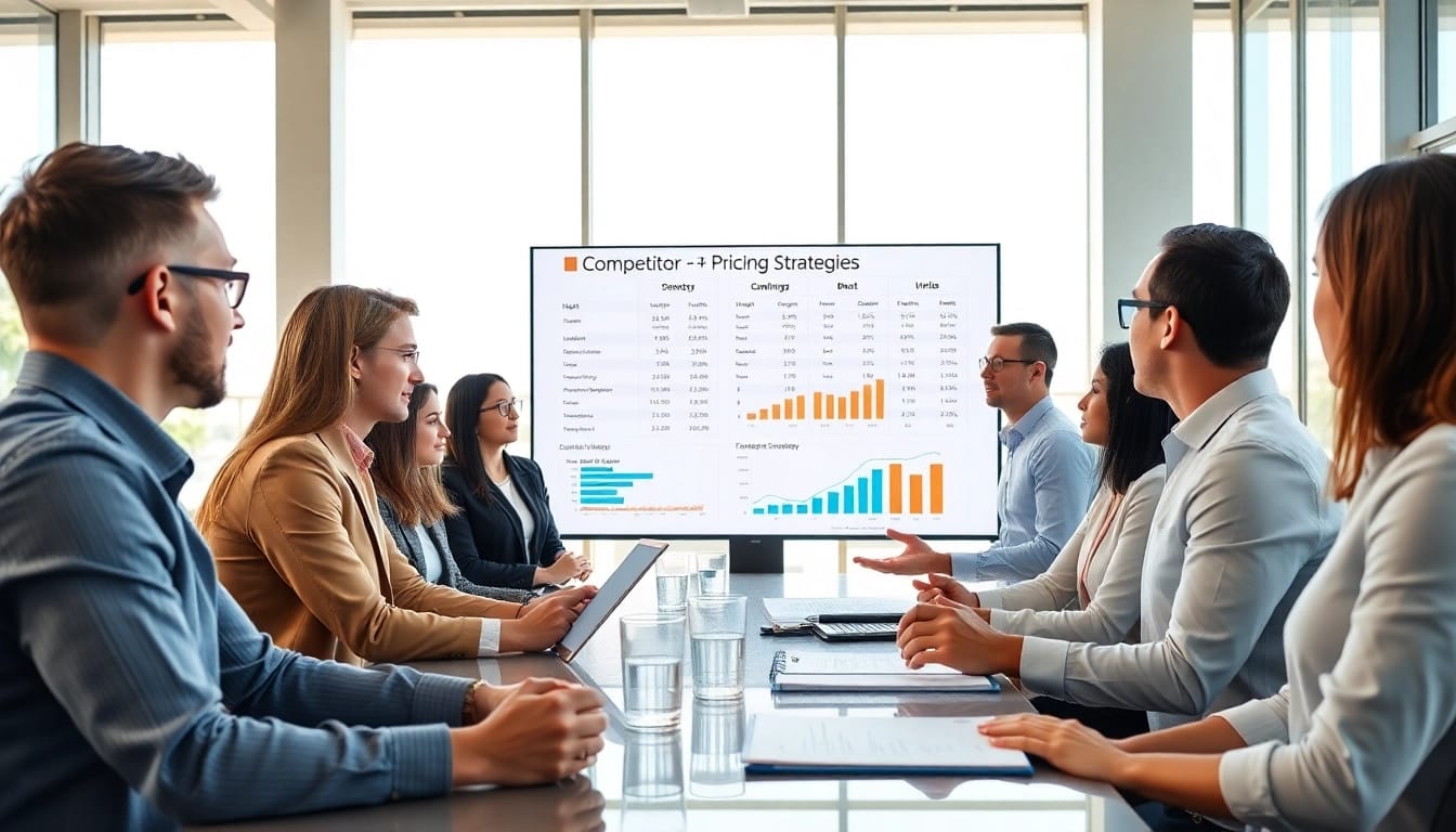 Analyze competitor pricing strategies in a modern office setting with professionals collaborating.