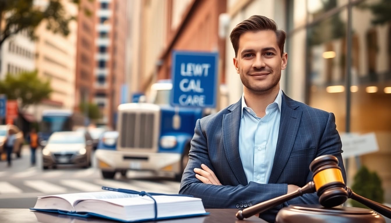 Clearwater truck accident attorney exuding confidence and professionalism outside a law office.