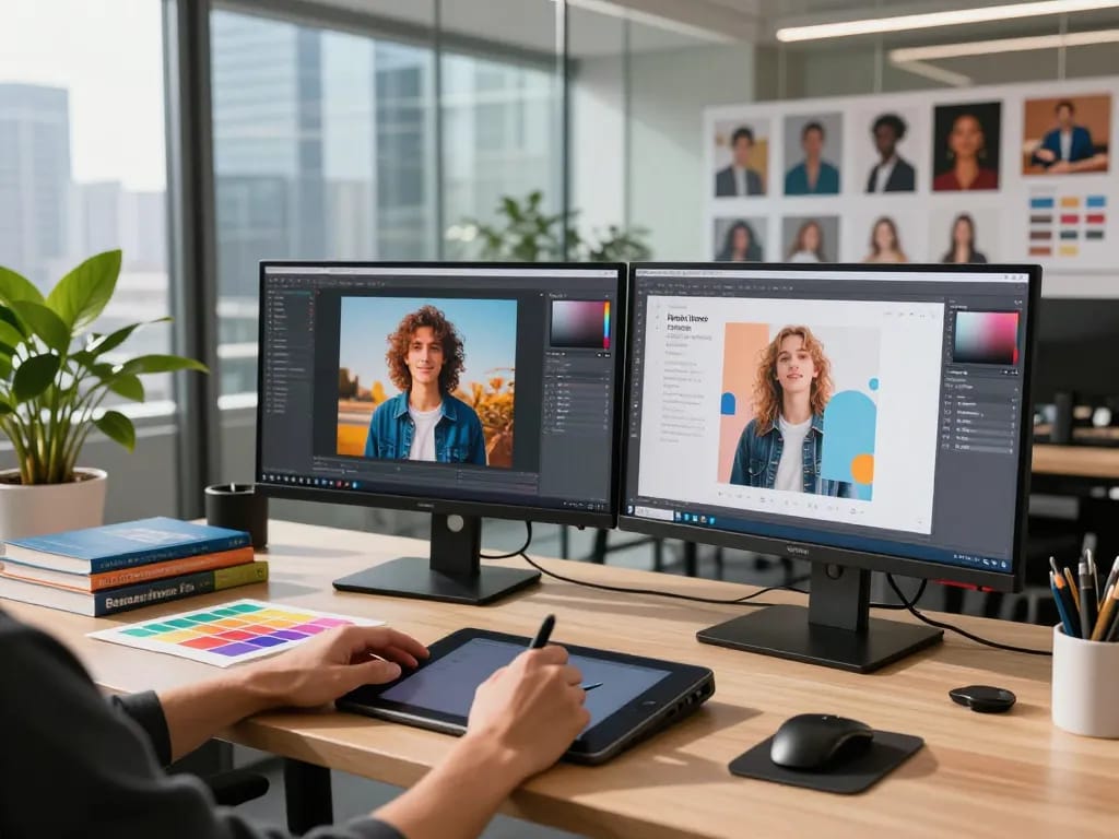 Creative workspace featuring nano banana pro with a graphic designer at a high-tech workstation.