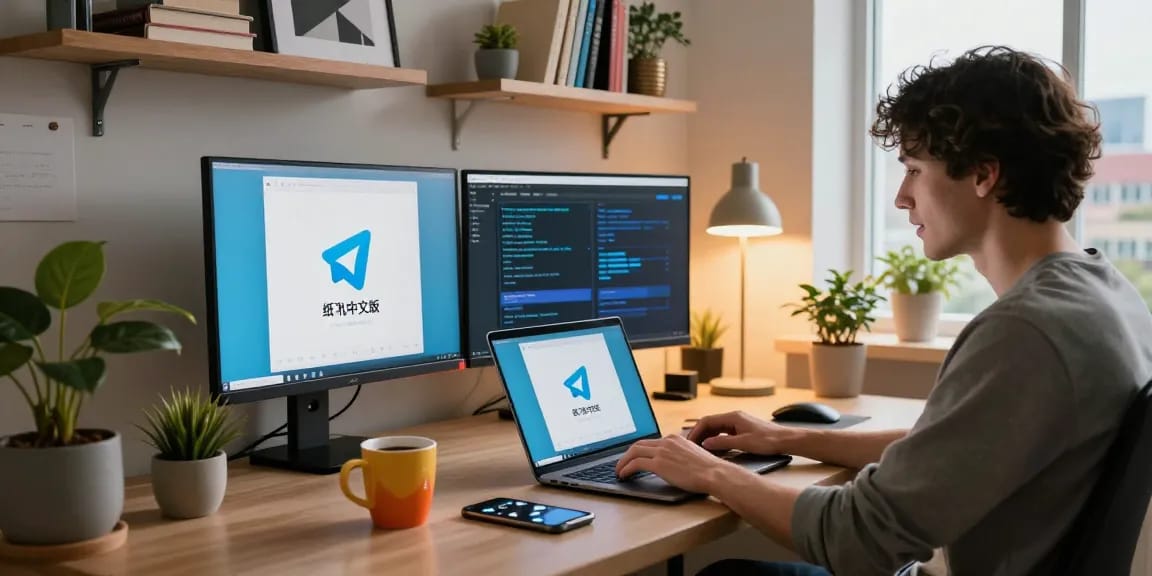 Dynamic workspace featuring a user engaging with the 纸飞机中文版 app on dual monitors, creating a productive tech atmosphere.