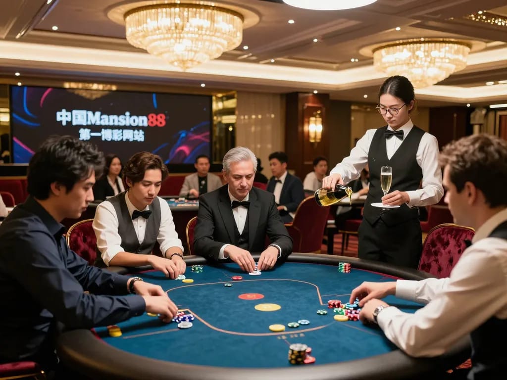 參與者在中國 Mansion88 第一博彩網站的 VIP 環境中享受德州扑克，展現高額賭博的奢華和刺激