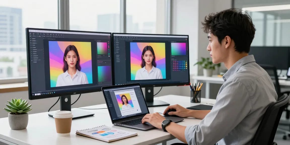 Creating an ai prompt image in a modern office with vibrant AI-generated visuals.
