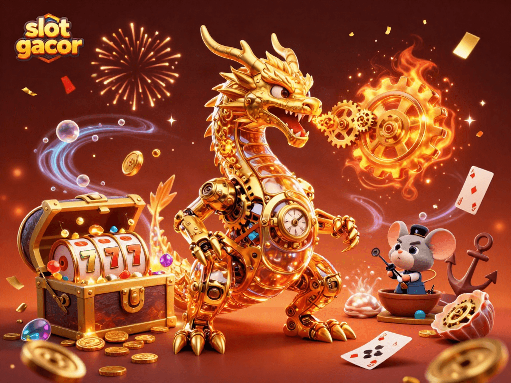 Experience slot gacor excitement with a vibrant 3D illustration featuring a golden dragon and treasure.