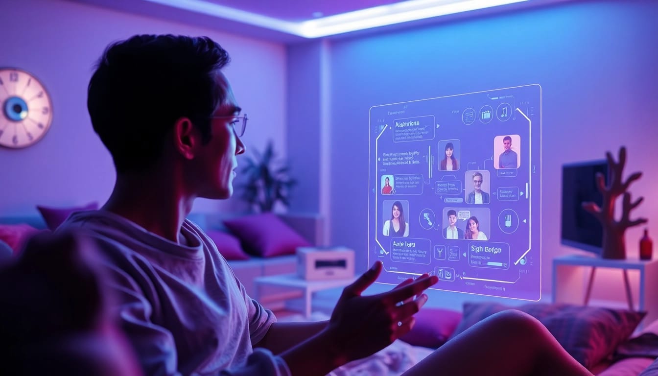 A captivating interaction between a user and an AI companion, illustrating the engaging world of sex ai in a modern, intimate setting.