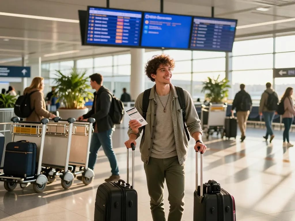 Excited traveler heading to Gatwick Airport from Halifax with boarding pass and luggage in modern airport setting.