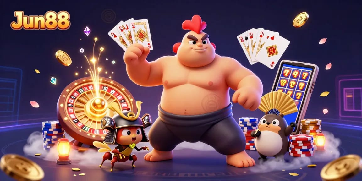Engage with Jun88's thrilling casino offerings in a vibrant 3D illustration filled with action and bonuses.