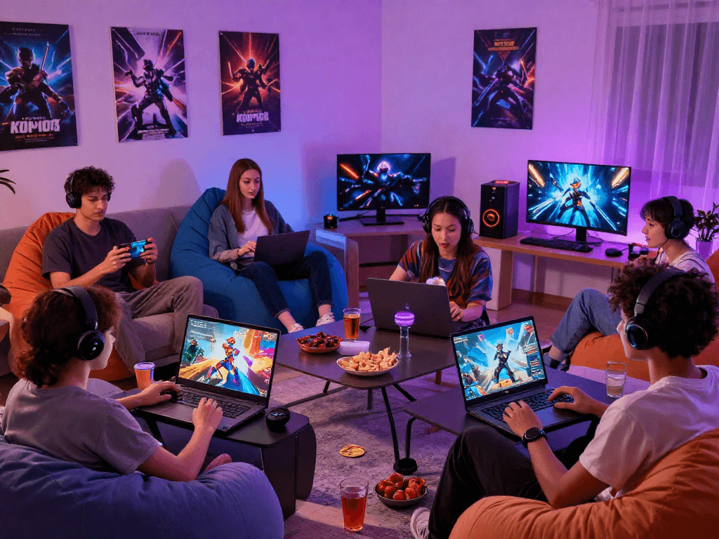 Engaged gamers playing sex games on multiple devices in a cozy, vibrant living room.