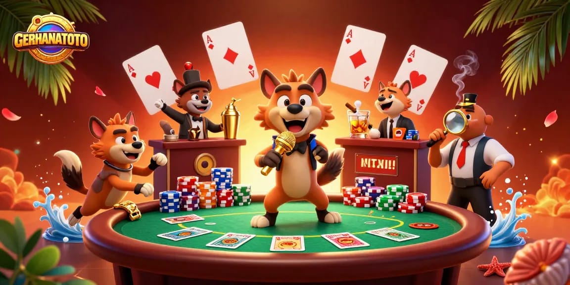 Menggali keseruan GERHANATOTO dengan kartun hyena di klub kasino, sambil menikmati permainan poker bersinar.