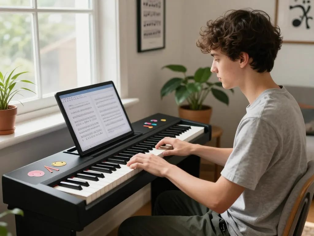 Practicing on the go 88 piano in a bright living room with online lessons and sheet music.
